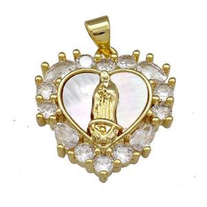 Jesus Charms Copper Heart Pendant Pave Shell Zirconia 18K Gold Plated, approx 20mm