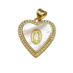 Jesus Charms Copper Heart Pendant Pave Shell Zirconia 18K Gold Plated, approx 18mm