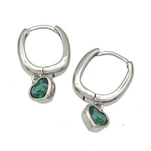 Copper Latchback Earrings Pave Green Zirconia Heart Platinum Plated, approx 6mm, 12-16mm