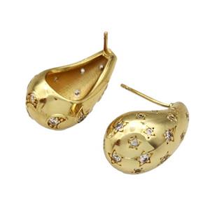 Copper Stud Earrings Micro Pave Zirconia Teardrop Hollow Gold Plated, approx 12-20mm