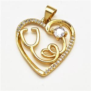 Copper Heart Pendant Pave Zircon Stethoscope Gold Plated, approx 21mm