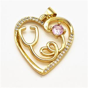 Copper Heart Pendant Pave Zircon Stethoscope Gold Plated, approx 21mm