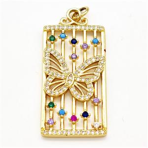 Copper Rectangle Pendant Pave Zircon Butterfly Gold Plated, approx 18-35mm