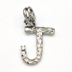 Copper Letter-J Pendant Pave Zircon Platinum Plated, approx 10-16mm, 5-8mm