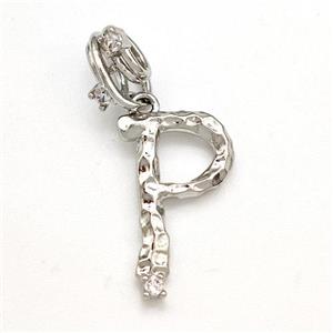 Copper Letter-P Pendant Pave Zircon Platinum Plated, approx 10-16mm, 5-8mm