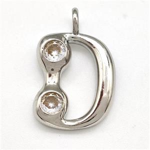 Copper Letter-D Pendant Pave Zircon Platinum Plated, approx 15-18mm