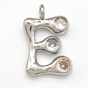 Copper Letter-E Pendant Pave Zircon Platinum Plated, approx 15-18mm