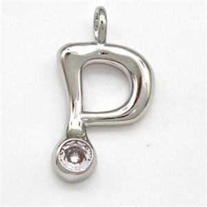 Copper Letter-P Pendant Pave Zircon Platinum Plated, approx 15-18mm