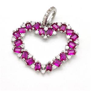 Copper Heart Pendant Micro Pave Fuchsia Zirconia Platinum Plated, approx 20-26mm