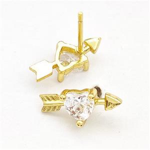 Copper Stud Earrings Pave Zircon Cupids Arrow Heart Gold Plated, approx 6-14mm