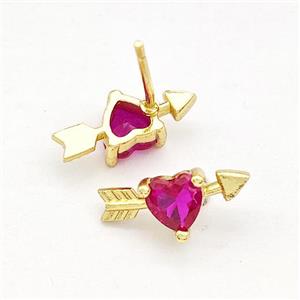 Copper Stud Earrings Pave Fuchsia Zircon Cupids Arrow Heart Gold Plated, approx 6-14mm