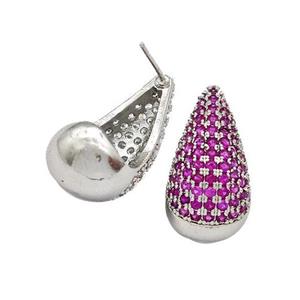 Copper Teardrop Stud Earrings Micro Pave Fuchsia Zirconia Platinum Plated, approx 11-20mm