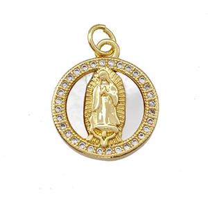 Jesus Charms Copper Circle Pendant Pave Shell Zirconia 18K Gold Plated, approx 15.5mm