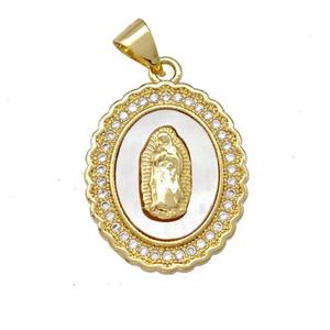 Jesus Charms Copper Oval Pendant Pave Shell Zirconia 18K Gold Plated, approx 16-20mm