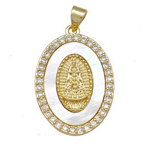 Virgin Mary Charms Copper Oval Pendant Pave Shell Zirconia 18K Gold Plated, approx 18-25mm