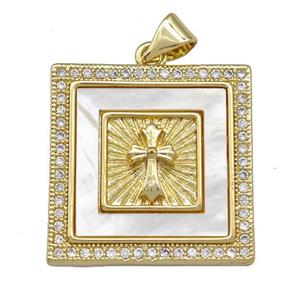 Copper Square Pendant Pave Shell Zirconia Cross 18K Gold Plated, approx 22x22mm