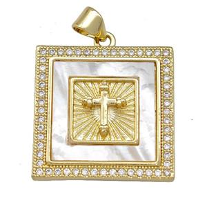 Copper Square Pendant Pave Shell Zirconia Cross 18K Gold Plated, approx 22x22mm