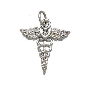 Copper Caduceus Charms Pendant Pave Zirconia Platinum Plated, approx 15-16mm