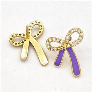 Copper Bow Earrings Stud Pave Zirconia Purple Enamel Gold Plated, approx 14-16mm