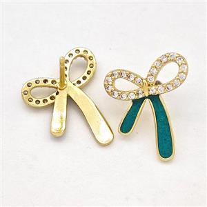 Copper Bow Earrings Stud Pave Zirconia Green Enamel Gold Plated, approx 14-16mm