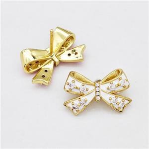 Copper Bow Stud Earrings Pave Zirconia White Enamel Gold Plated, approx 11-17mm