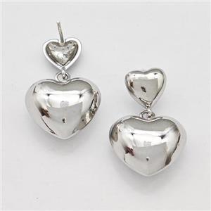 Copper Heart Stud Earrings Platinum Plated, approx 15mm, 25mm