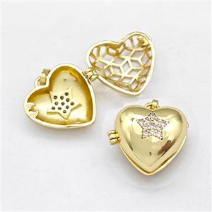 Copper Heart Locket Pendant Pave Zirconia Star Gold Plated, approx 17mm