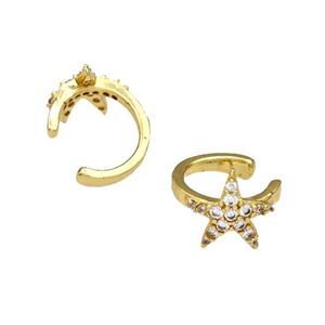 Copper Starfish Clip Earrings Pave Zirconia Gold Plated, approx 10mm, 13mm dia