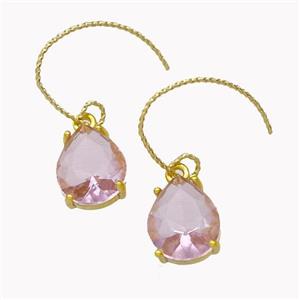 Copper Hook Earrings With Pink Crystal Glass Teardrop Gold Plated, approx 10-12mm, 15-20mm