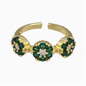 Copper Flower Rings Pave Green Zirconia Gold Plated, approx 7mm, 18mm dia