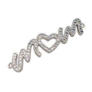 Copper MOM Connector Pave Zirconia Heart Love Platinum Plated, approx 10-40mm