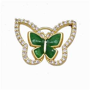 Copper Butterfly Pendant Pave Zirconia Green Enamel Gold Plated, approx 15-19mm