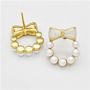 Copper Bow Stud Earrings Pave Pearlized Resin White Painted Gold Plated, approx 17-20mm