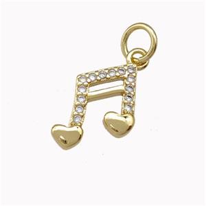 Musical Note Charms Copper Pendant Pave Zirconia Gold Plated, approx 9-10mm