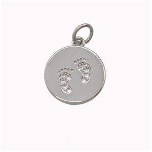 Copper Coin Pendant Pave Zirconia Foot Print Platinum Plated, approx 12.5mm