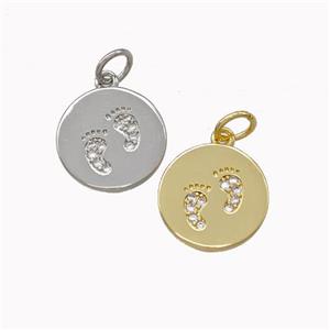 Copper Coin Pendant Pave Zirconia Footprints Mixed, approx 12.5mm