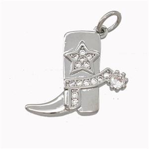 Cowboy Boots Charms Copper Shoe Pendant Micro Pave Zirconia Star Platinum Plated, approx 14-17mm