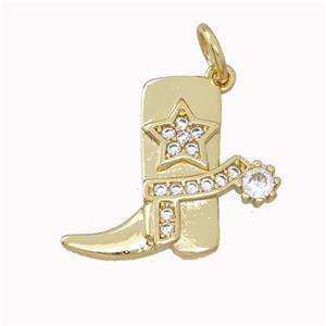 Cowboy Boots Charms Copper Shoe Pendant Micro Pave Zirconia Star Gold Plated, approx 14-17mm