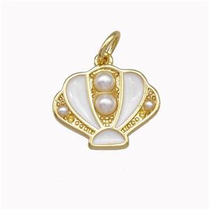 Scallop shell Charms Copper Pendant Pave Pearlized Resin White Enamel Gold Plated, approx 12-15mm