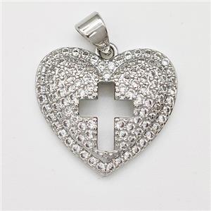 Copper Heart Pendant Micro Pave Zirconia Cross Platinum Plated, approx 19mm