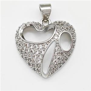 Copper Heart Pendant Micro Pave Zirconia Platinum Plated, approx 19mm