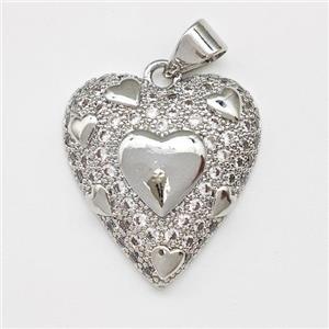 Copper Heart Pendant Micro Pave Zirconia Platinum Plated, approx 18-20mm