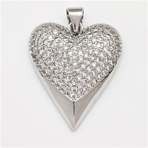 Copper Heart Pendant Micro Pave Zirconia Platinum Plated, approx 20-22mm