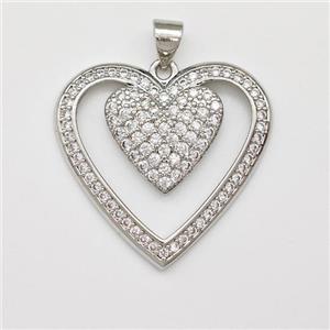 Copper Heart Pendant Micro Pave Zirconia Platinum Plated, approx 26mm