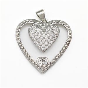 Copper Heart Pendant Micro Pave Zirconia Platinum Plated, approx 26mm