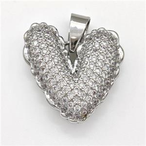 Copper Heart Pendant Micro Pave Zirconia Platinum Plated, approx 20-21mm