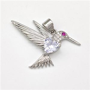 Copper HummingBirds Pendant Micro Pave Zirconia Platinum Plated, approx 20-30mm