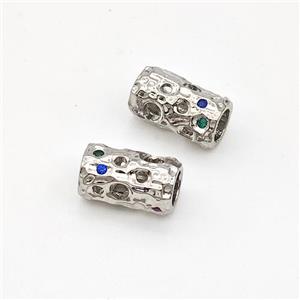 Copper Tube Beads Micro Pave Zirconia Hollow Large Hole Platinum Plated, approx 6-11mm, 4mm hole