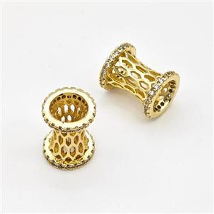 Copper Tube Beads Micro Pave Zirconia Large Hole Hollow Gold Plated, approx 9-11mm, 3mm hole