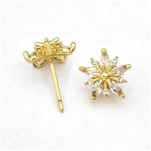 Copper Flower Stud Earring Micro Pave Zirconia Gold PLated, approx 10mm